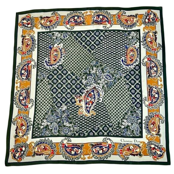 Christian Dior Silk Square Scarf Gray Paisley Hand Rolled Vintage 29x29” - Picture 7 of 11